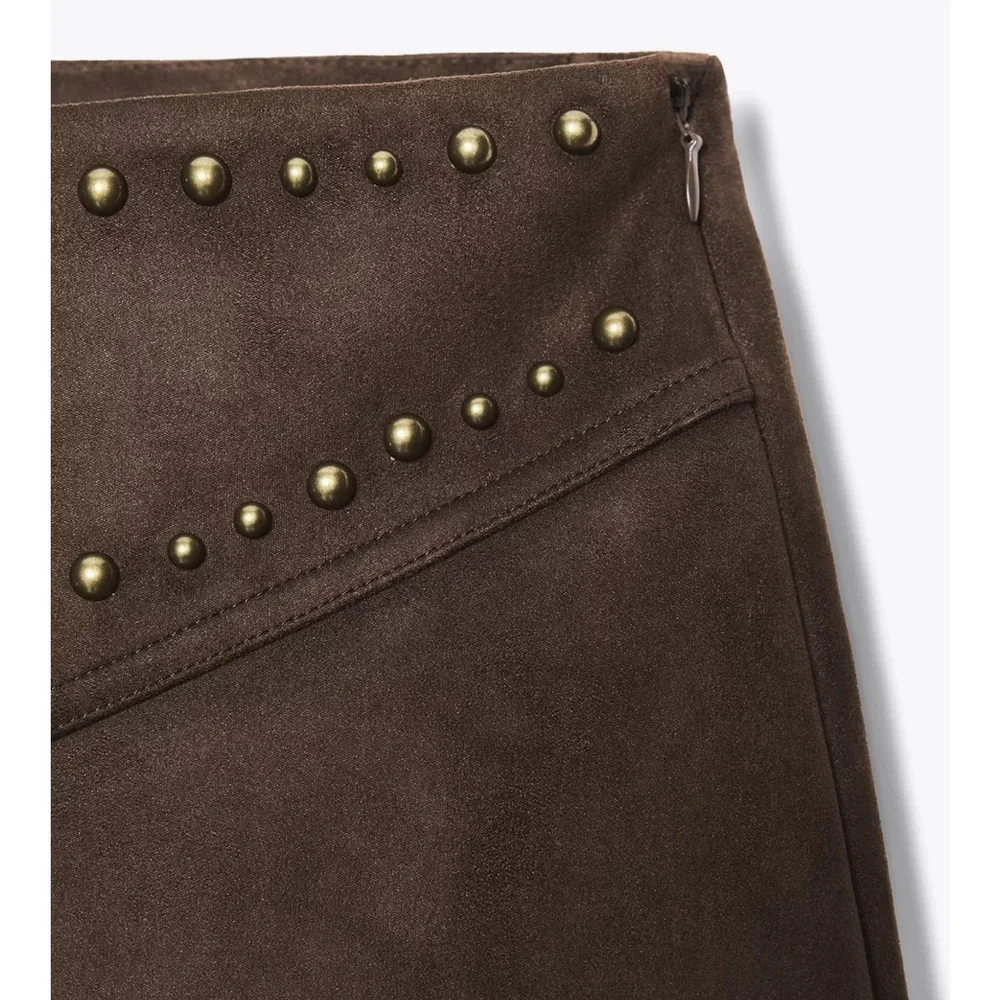 Zara NWT brown studded faux suede embellished pants